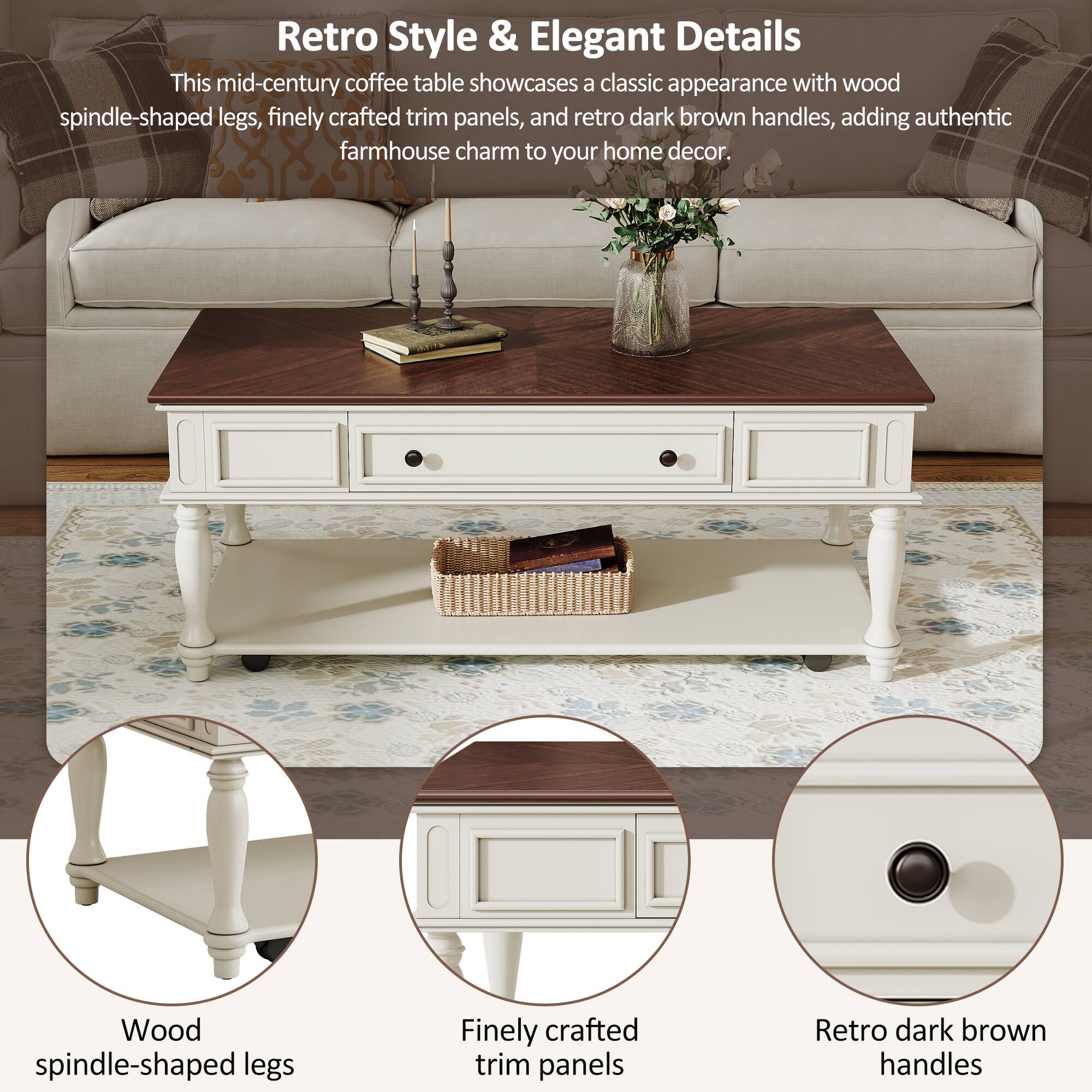 Retro Style & Elegant Details

This mid-century coffee table showcases a classic appearance with wood spindle-shaped legs, finely crafted trim panels, and retro dark brown handles, adding authentic farmhouse charm to your home decor.

- Wood spindle-shaped legs
- Finely crafted trim panels
- Retro dark brown handles