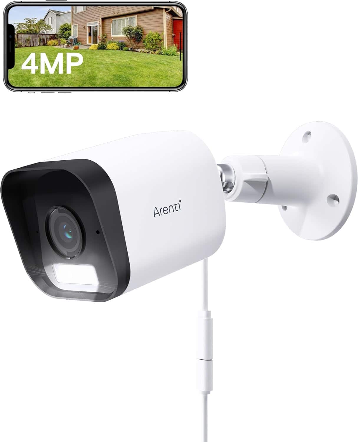 Arenti - 4MP Security Camera Outdoor Wired with Spotlight/Siren Alarm, Color Night Vision, Motion/AI Human Detection, IP65 - White