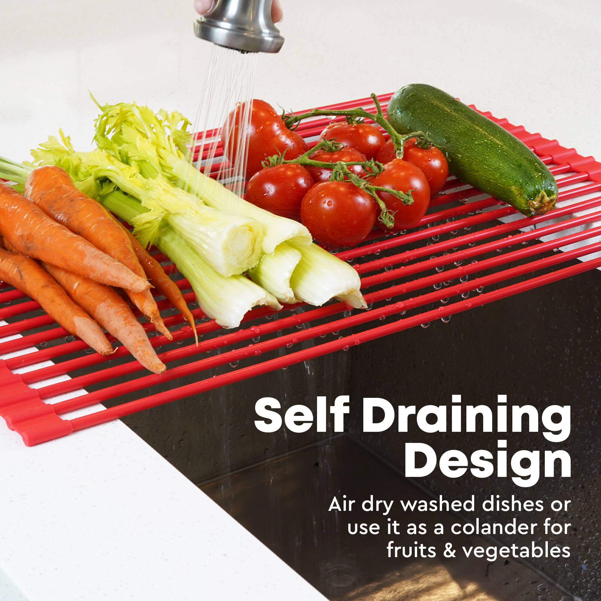 Self Draining Design  
Air dry washed dishes or use it as a colander for fruits & vegetables