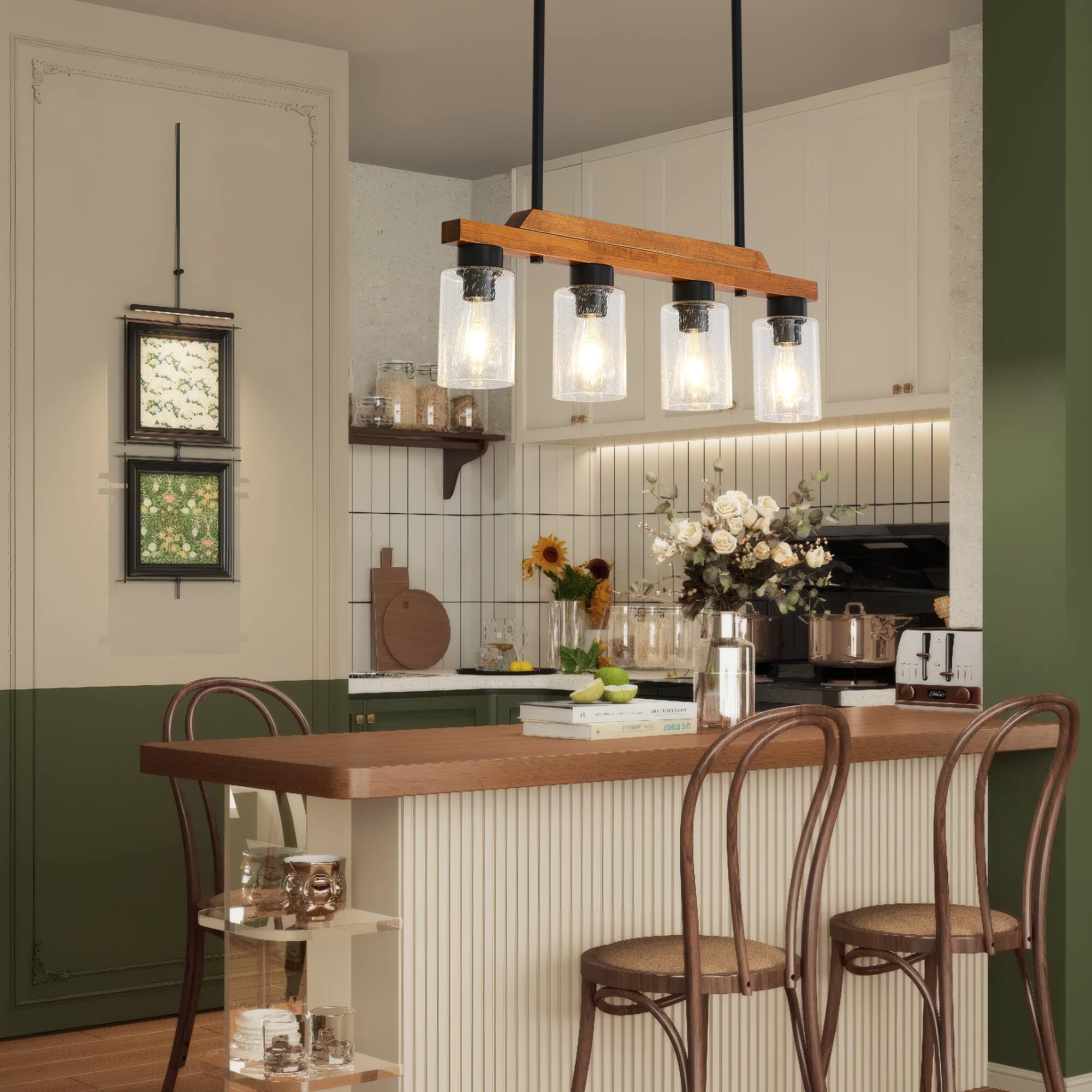 Left. RYHNUYNE - 4-Light Rustic Chandelier 28 Inch Wood Linear Pendant Light with Seed Glass Shades Adjustable Farmhouse Island Lighting.