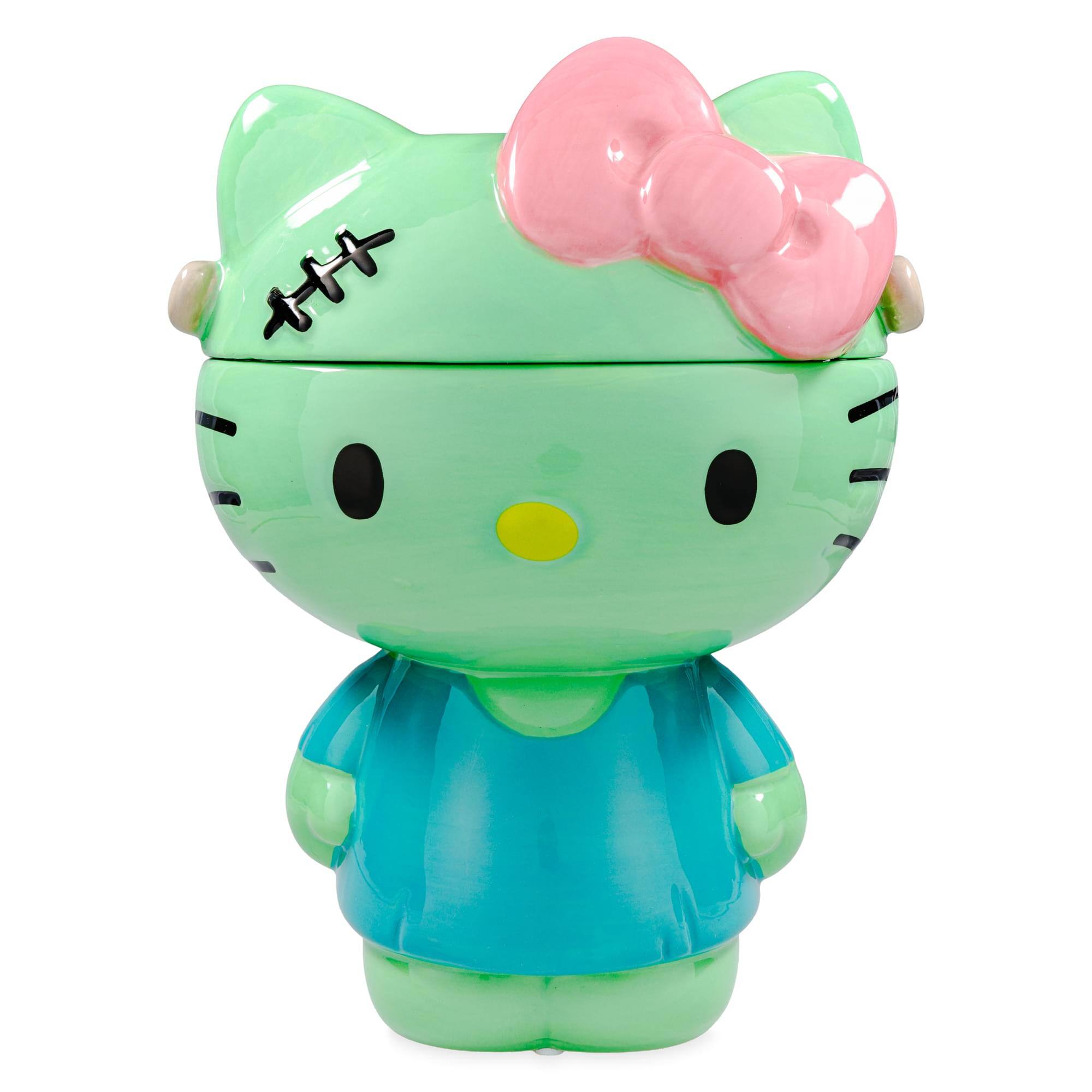 Front. Silver Buffalo - Sanrio Hello Kitty Frankenstein Sculpted Ceramic Snack Jar With Lid - Green.