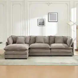 KERDOM - Deep Seat Sectional 3 Seat Sofa Set with 1 Ottoman Movable & Pillows, Sleeper Sofa Bed Chaise Longue L Shaped Couch - Gray