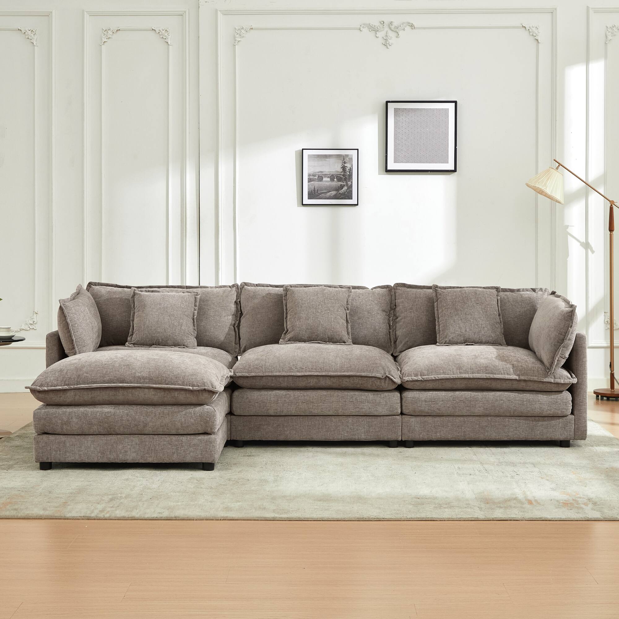 Front. KERDOM - Deep Seat Sectional 3 Seat Sofa Set with 1 Ottoman Movable & Pillows, Sleeper Sofa Bed Chaise Longue L Shaped Couch - Grey.