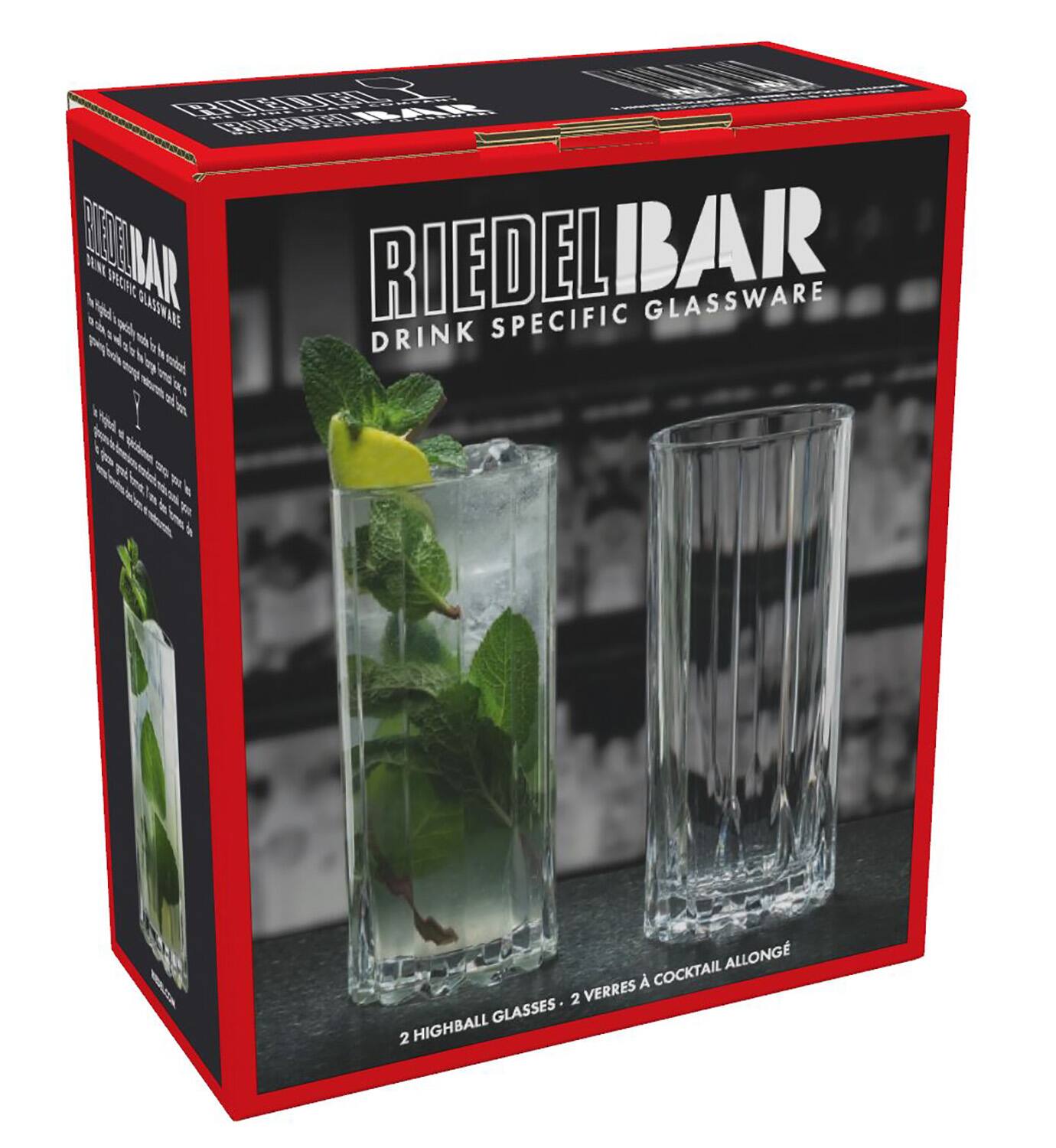 RIEDEL BAR  
DRINK SPECIFIC GLASSWARE  

2 HIGHBALL GLASSES  
2 VERRES À COCKTAIL ALLONGÉ