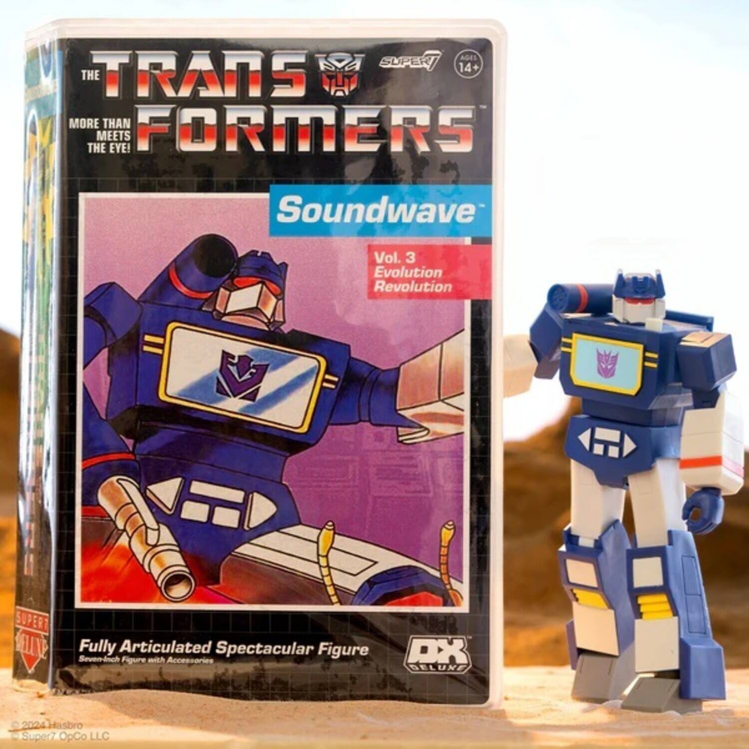 The Transformers  
Soundwave  
Vol. 3 Evolution Revolution  
More Than Meets The Eye!  
Fully Articulated Spectacular Figure  
Seven-Inch Figure with Accessories  
DX Deluxe  
Super7 OpCo LLC  
© 2024 Hasbro
