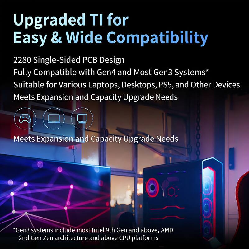 Upgraded TI for Easy & Wide Compatibility

2280 Single-Sided PCB Design
Fully Compatible with Gen4 and Most Gen3 Systems*
Suitable for Various Laptops, Desktops, PS5, and Other Devices
Meets Expansion and Capacity Upgrade Needs

*Gen3 systems include most Intel 9th Gen and above, AMD 2nd Gen Zen architecture and above CPU platforms