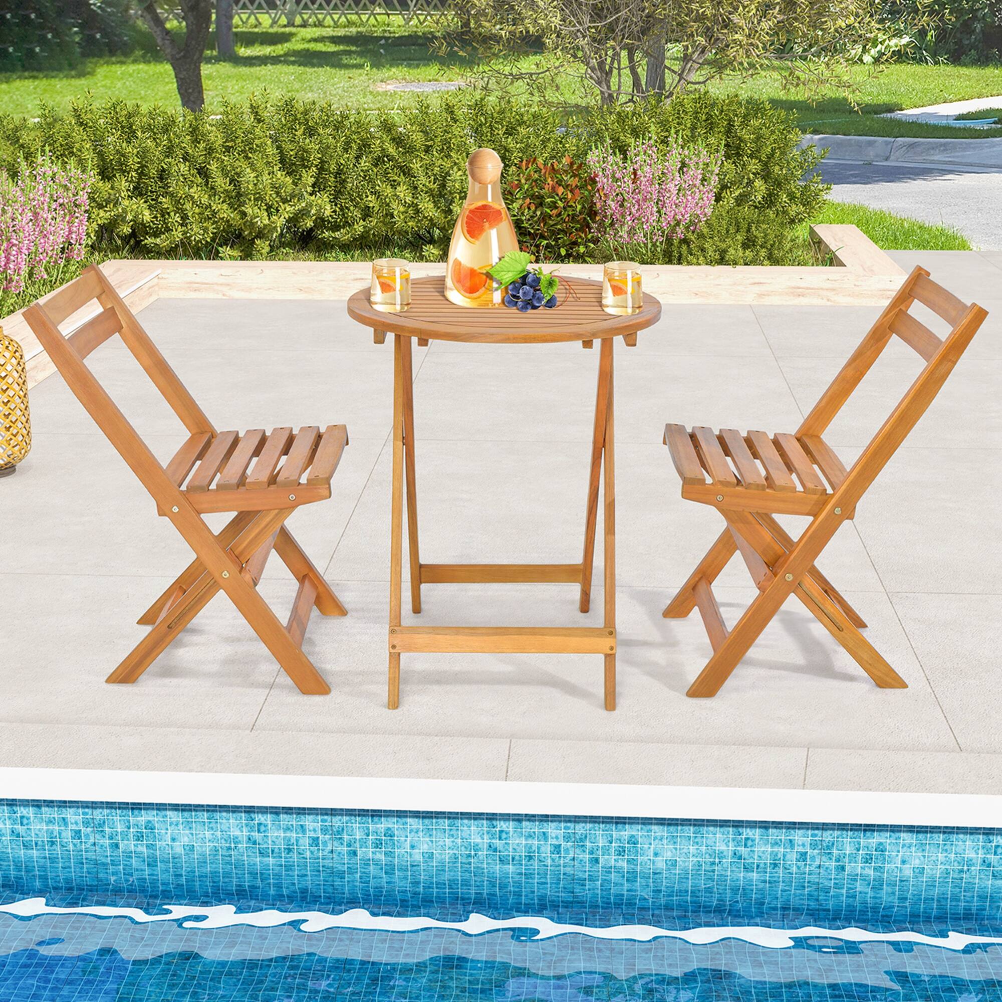 Alt View 1. Costway - Costway 3 PCS Folding Patio Bistro Set Solid Acacia Wood Table & Chairs Slatted Tabletop - Natural.