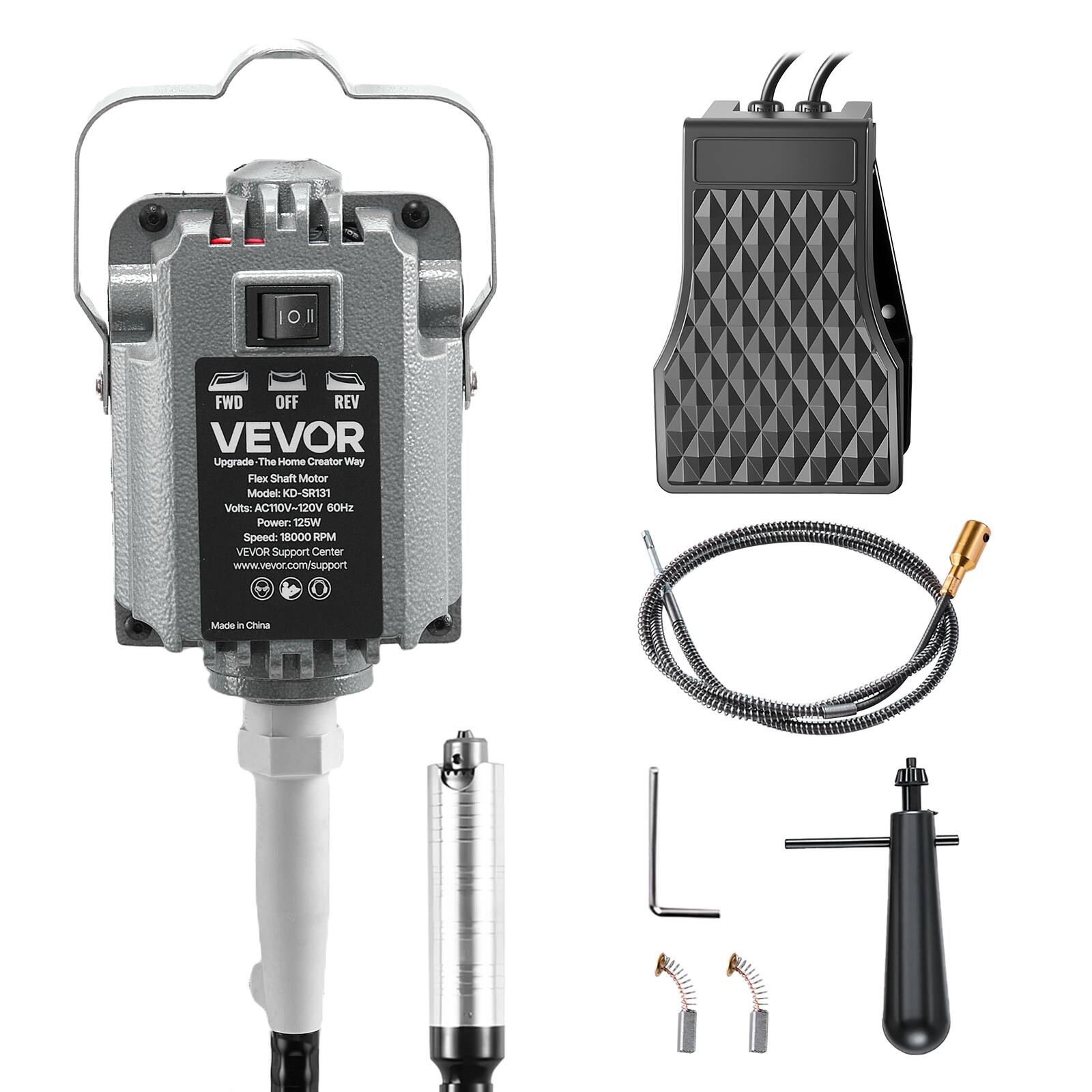 101 II FWD OFF REV VEVOR Upgrade The Home Creator Way Flex Shaft Motor Model: KD-SR131 Voltac ACTIOV-120V 60Hz Power: 125W Speed: 18000 RPM VEVOR VEVOR Support Center Support Center www.vevor.com/support Made in China