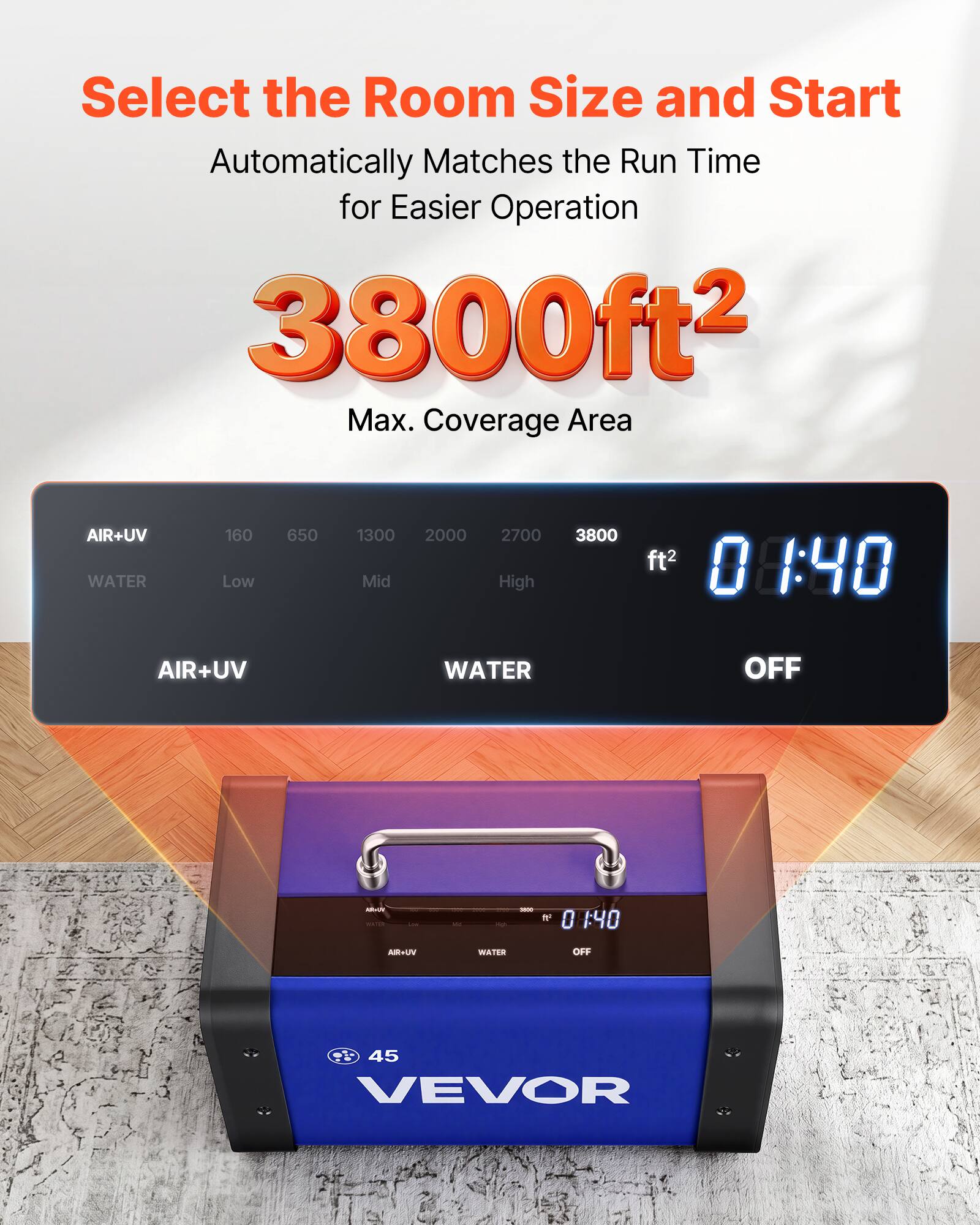 Select the Room Size and Start  
Automatically Matches the Run Time for Easier Operation  

3800ft² Max. Coverage Area  

AIR+UV  
160 650 1300 2000 2700 3800 ft²  

WATER  
Low Mid High  

AIR+UV WATER OFF  

01:40  

45 VEVOR