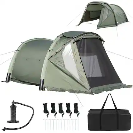 Front. Costway - Costway Inflatable Camping Tent with Screened Porch, Mesh & Transparent Windows, Door - Green.