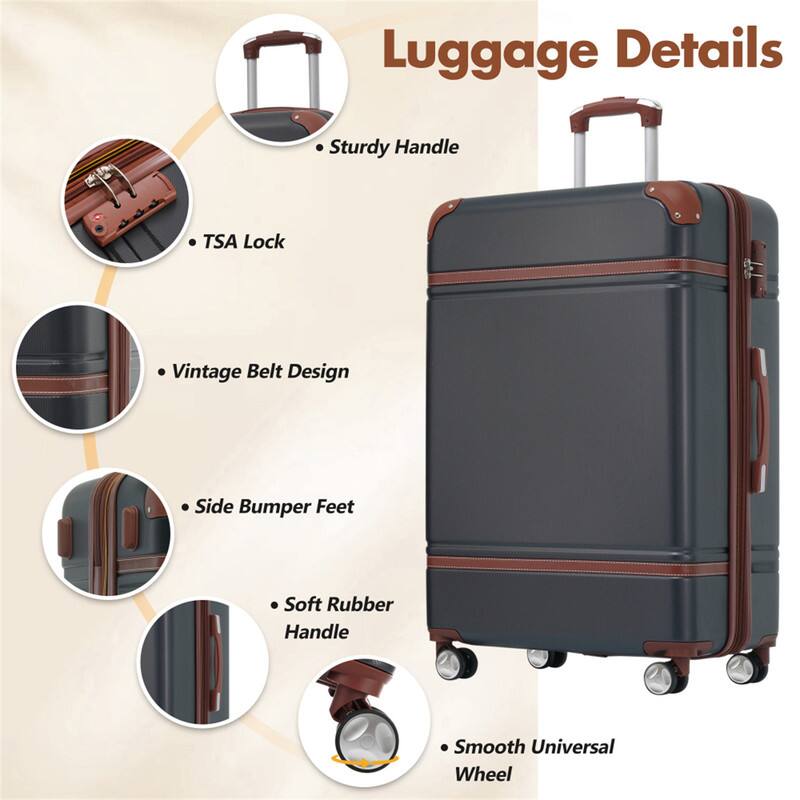 Luggage Details  
- Sturdy Handle  
- TSA Lock  
- Vintage Belt Design  
- Side Bumper Feet  
- Soft Rubber Handle  
- Smooth Universal Wheel