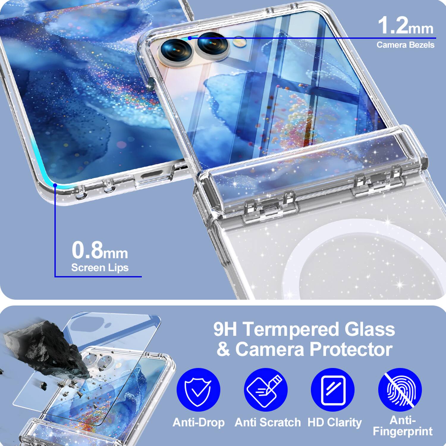 1.2mm Camera Bezels  
0.8mm Screen Lips  
9H Tempered Glass & Camera Protector  
Anti-Drop  
Anti-Scratch  
HD Clarity  
Anti-Fingerprint