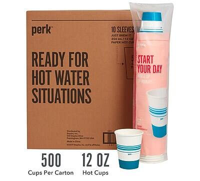 Perk  
Ready for Hot Water Situations  
10 Sleeves  
Just Brew It  
354 ml / 12 oz  
Paper Hot Cups  
Start Your Day  
500 Cups Per Carton  
12 oz Hot Cups