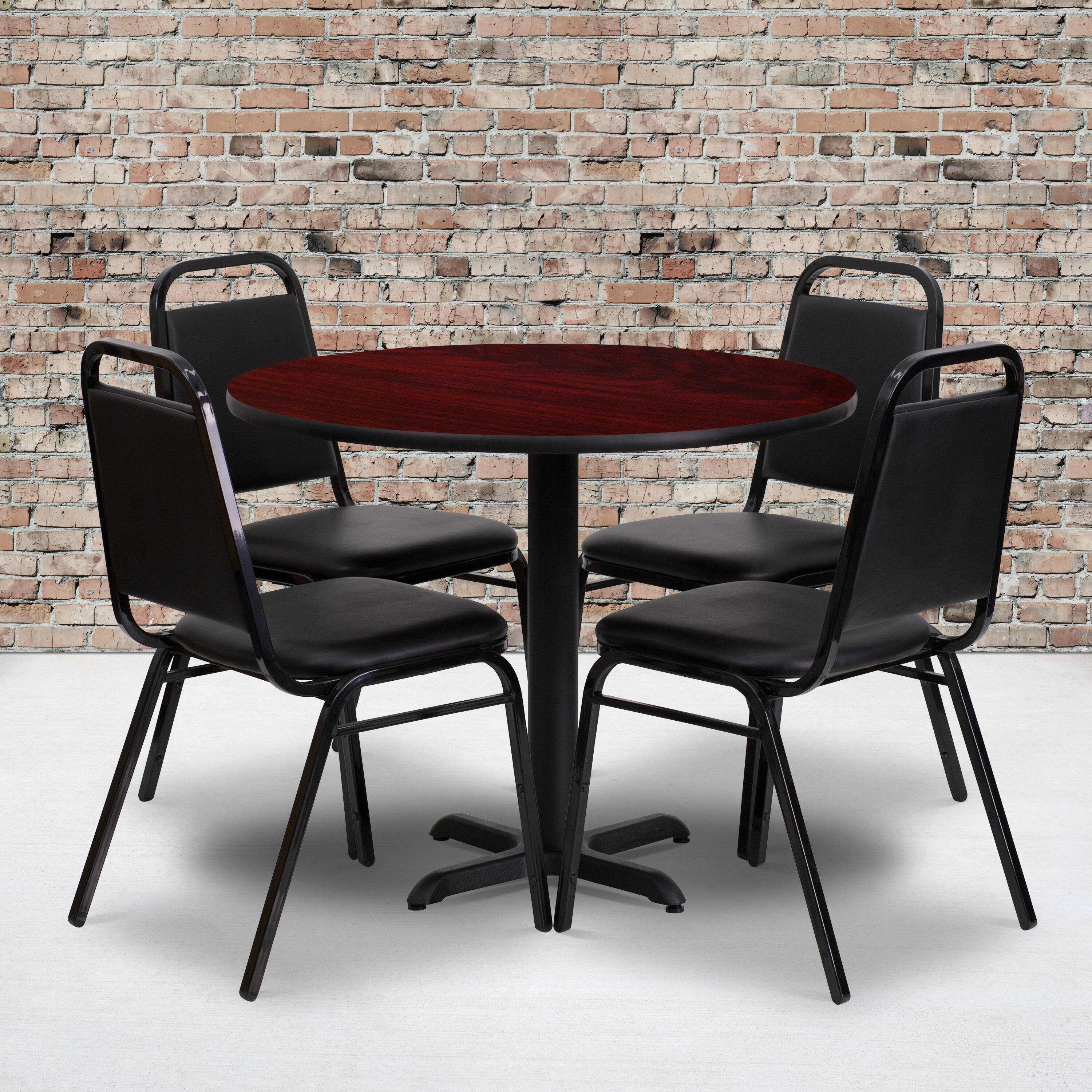 Alt View 1. Emma + Oliver - 36" Round Laminate X-Base Table Set with 4 Banquet Chairs - Mahogany Top/Black Vinyl Seat.