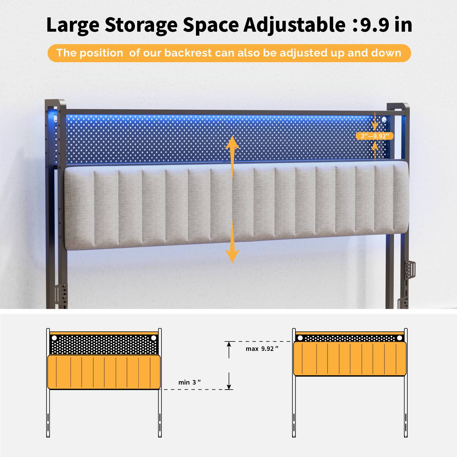 Large Storage Space Adjustable: 9.9 in  
The position of our backrest can also be adjusted up and down  
3" - 9.92"  
max 9.92"  
min 3"