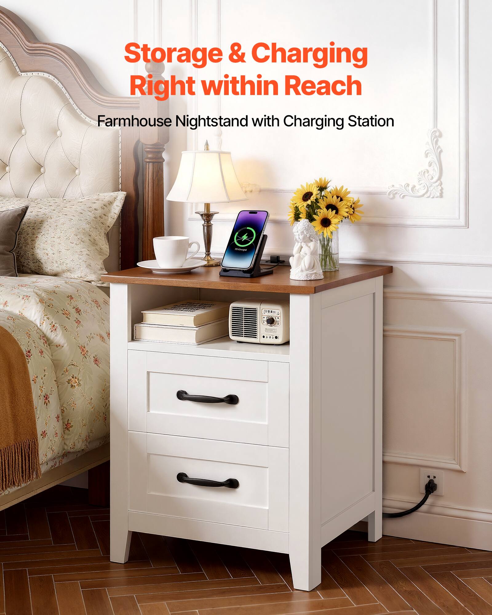 Storage & Charging Right within Reach  
Farmhouse Nightstand with Charging Station