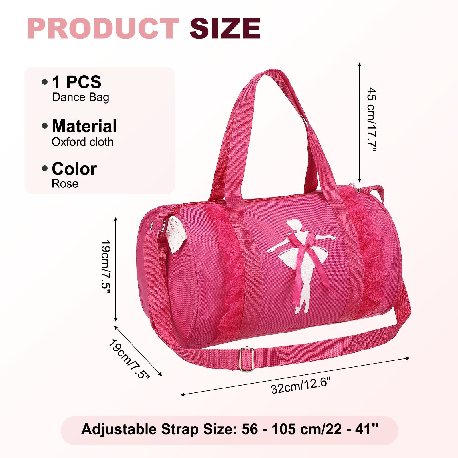 PRODUCT SIZE

- 1 PCS Dance Bag
- Material: Oxford cloth
- Color: Rose

Dimensions:
- Height: 45 cm / 17.7"
- Width: 19 cm / 7.5"
- Depth: 19 cm / 7.5"
- Adjustable Strap Size: 56 - 105 cm / 22 - 41"