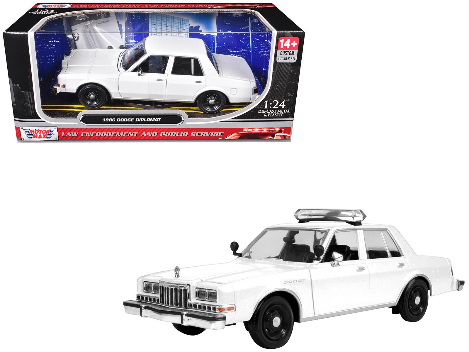 1:24  
DIE-CAST METAL & PLASTIC  
1986 DODGE DIPLOMAT  
LAW ENFORCEMENT AND PUBLIC SERVICE  
MOTOR MAX  
14+ CUSTOM BUILDER KIT