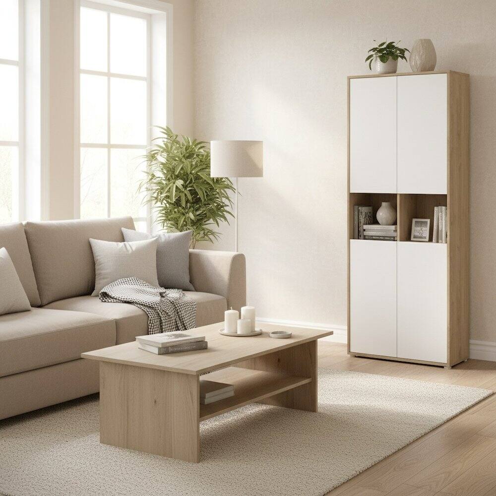 Angle. FurniFact - 6-Shelf Bookcase with 4 Doors and Adjustable Shelves - Brown.