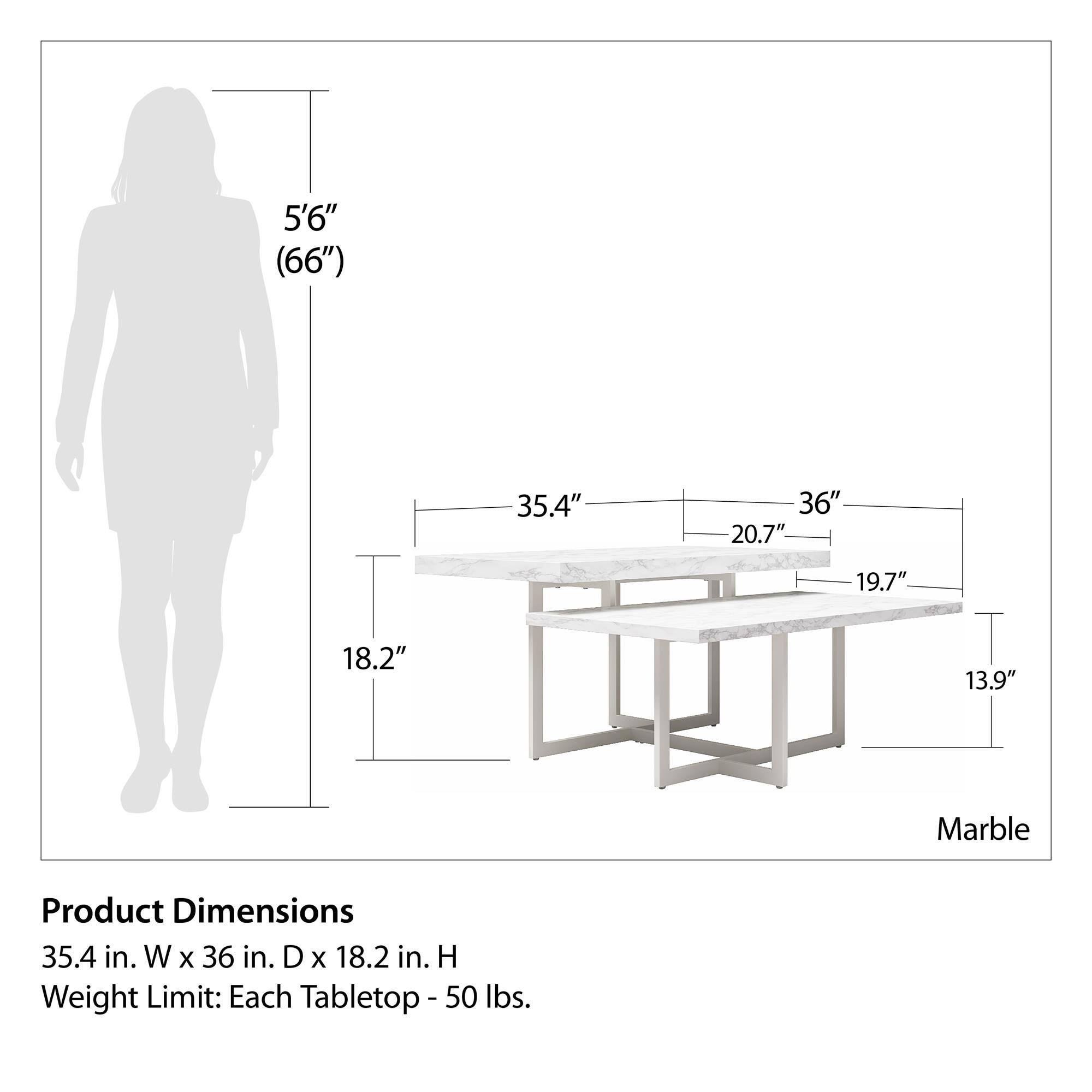 5'6" (66")  
35.4"  
36"  
20.7"  
19.7"  
18.2"  
13.9"  

Marble  

Product Dimensions  
35.4 in. W x 36 in. D x 18.2 in. H  

Weight Limit: Each Tabletop - 50 lbs.