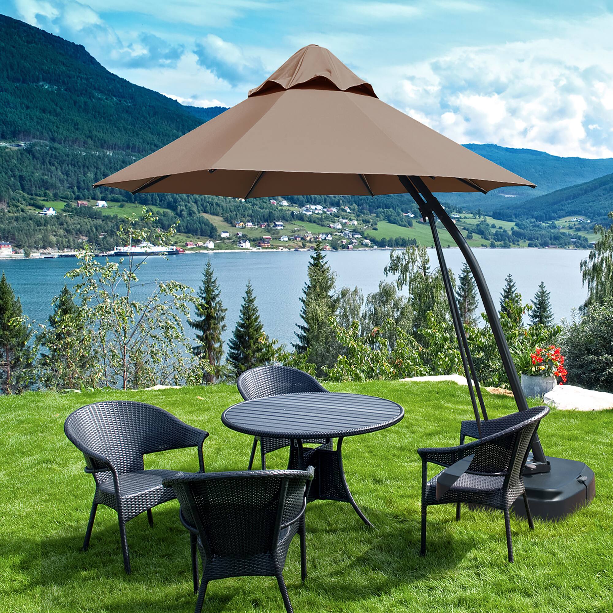 Alt View 2. Costway - Costway 11FT Outdoor Cantilever Offset Hanging Umbrella w/ Base Wheel - Tan.