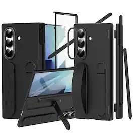 Dteck - For Samsung Galaxy Z Fold8 Ultra Case Built-in Screen Protector Shockproof Pen Slot Silicone Wristband Hinge Cover+Pen - Black