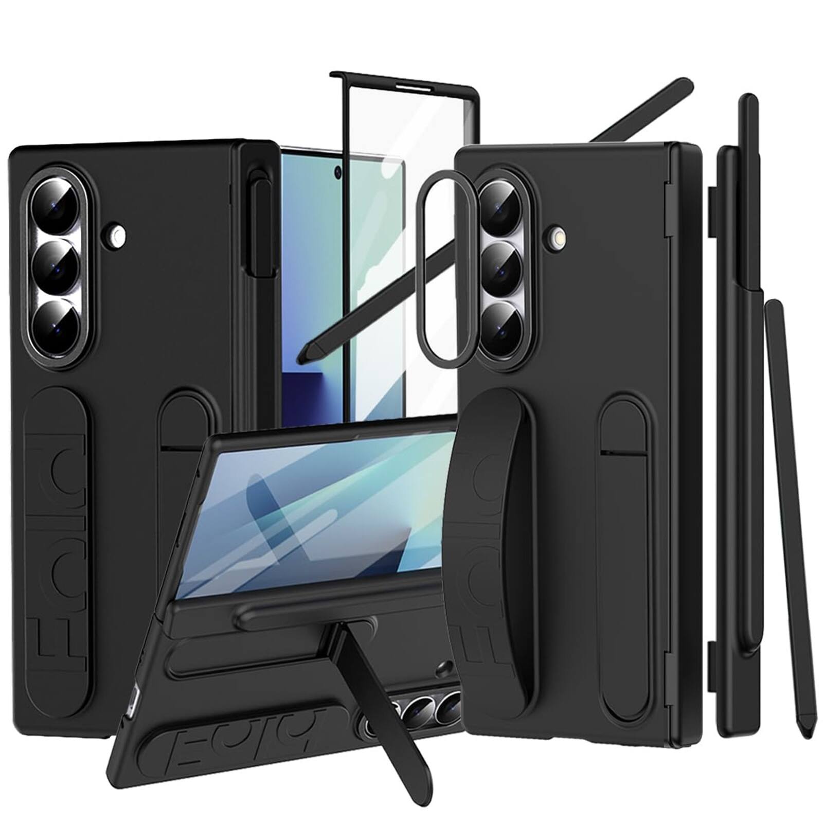 Dteck - For Samsung Galaxy Z Fold8 Ultra Case Built-in Screen Protector Shockproof Pen Slot Silicone Wristband Hinge Cover+Pen - Black