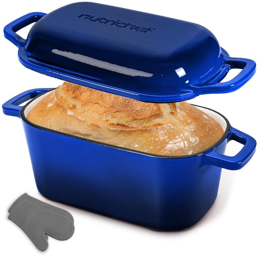 NutriChef - 10" Enameled Cast Iron Bread Pan with Lid, Oval Loaf Dutch Oven with Silicone Gloves, Oven-Safe to 500°F