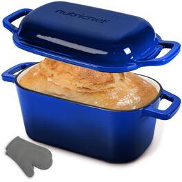 NutriChef - 10" Enameled Cast Iron Bread Pan with Lid, Oval Loaf Dutch Oven with Silicone Gloves, Oven-Safe to 500°F