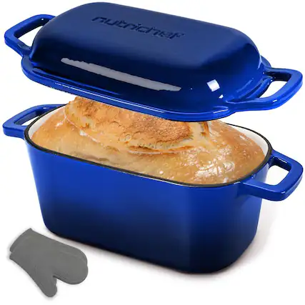 Front. NutriChef - NutriChef 10" Enameled Cast Iron Bread Pan with Lid, Oval Loaf Dutch Oven with Silicone Gloves, Oven-Safe to 500°F.