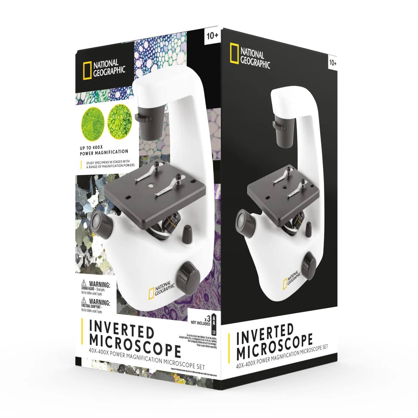 NATIONAL GEOGRAPHIC 10+  
UP TO 400X POWER MAGNIFICATION  
STUDY SPECIMENS IN STAGES WITH A RANGE OF MAGNIFICATION POWERS.  

WARNING:  
WARNING:  

INVERTED MICROSCOPE  
40X-400X POWER MAGNIFICATION MICROSCOPE SET