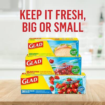 KEEP IT FRESH, BIG OR SMALL

GLAD DOUBLE SEAL  
22 SANDWICH BAGS

GLAD DOUBLE SEAL  
25 QUART STORAGE BAGS

GLAD DOUBLE SEAL  
30 GALLON FREEZER BAGS