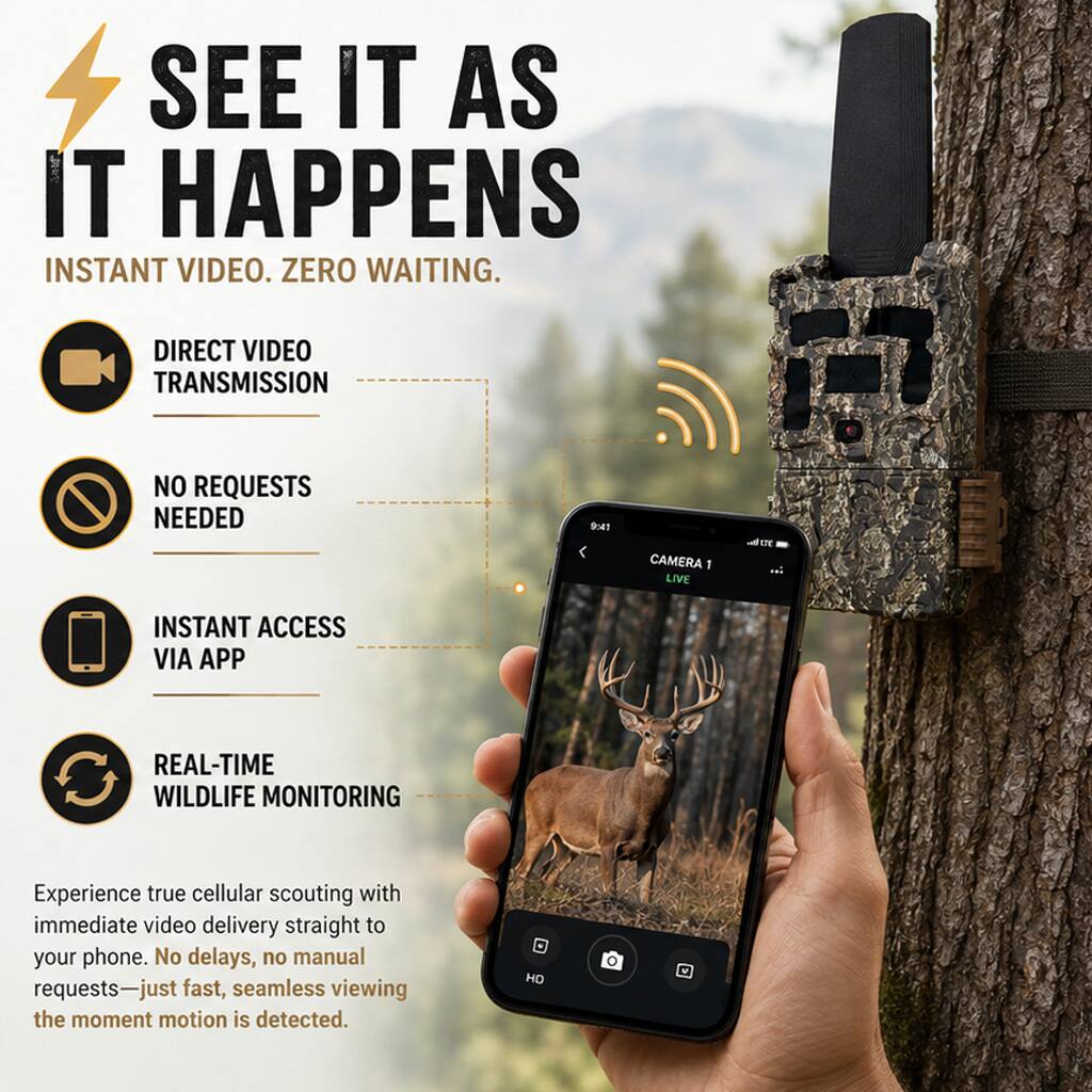 SEE IT AS IT HAPPENS  
INSTANT VIDEO. ZERO WAITING.  

DIRECT VIDEO TRANSMISSION  
NO REQUESTS NEEDED  
INSTANT ACCESS VIA APP  
REAL-TIME WILDLIFE MONITORING  

Experience true cellular scouting with immediate video delivery straight to your phone. No delays, no manual requests—just fast, seamless viewing the moment motion is detected.
