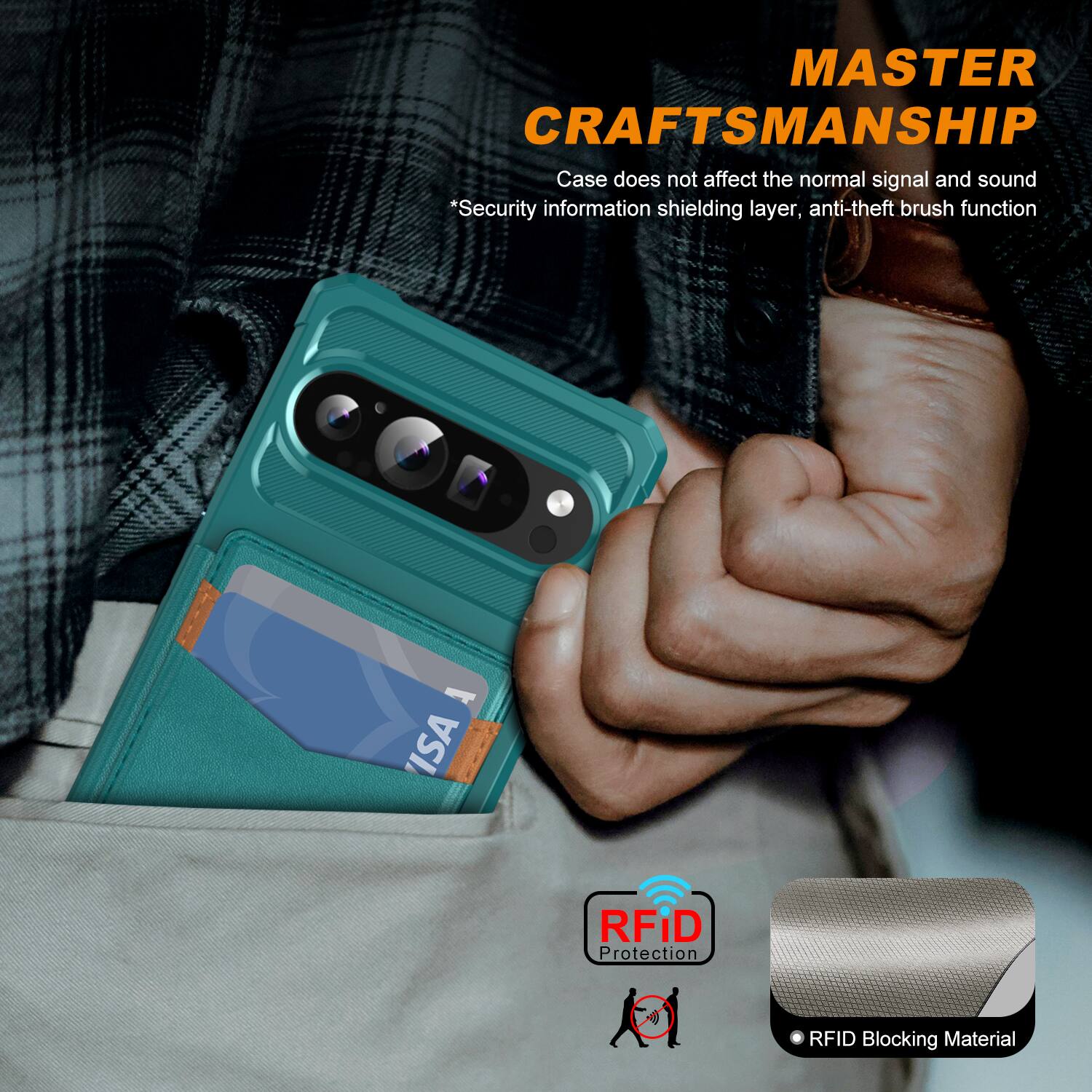 MASTER CRAFTSMANSHIP  
Case does not affect the normal signal and sound  
*Security information shielding layer, anti-theft brush function  
ISA RFID Protection  
RFID Blocking Material