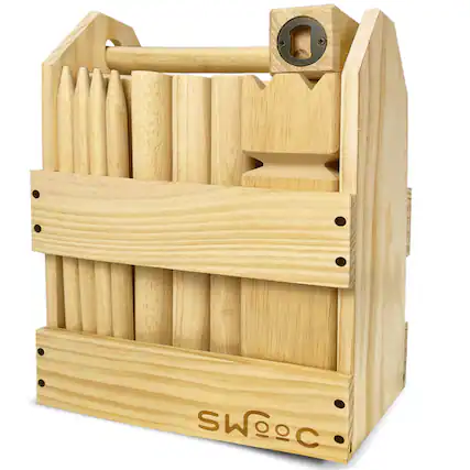 Front. Swooc Games - Kubb Yard Game Set - Premium Hardwood Viking Chess Set w/ Wood Crate - For Adults & Kids - Backyard Size Kubb Game - Beige.