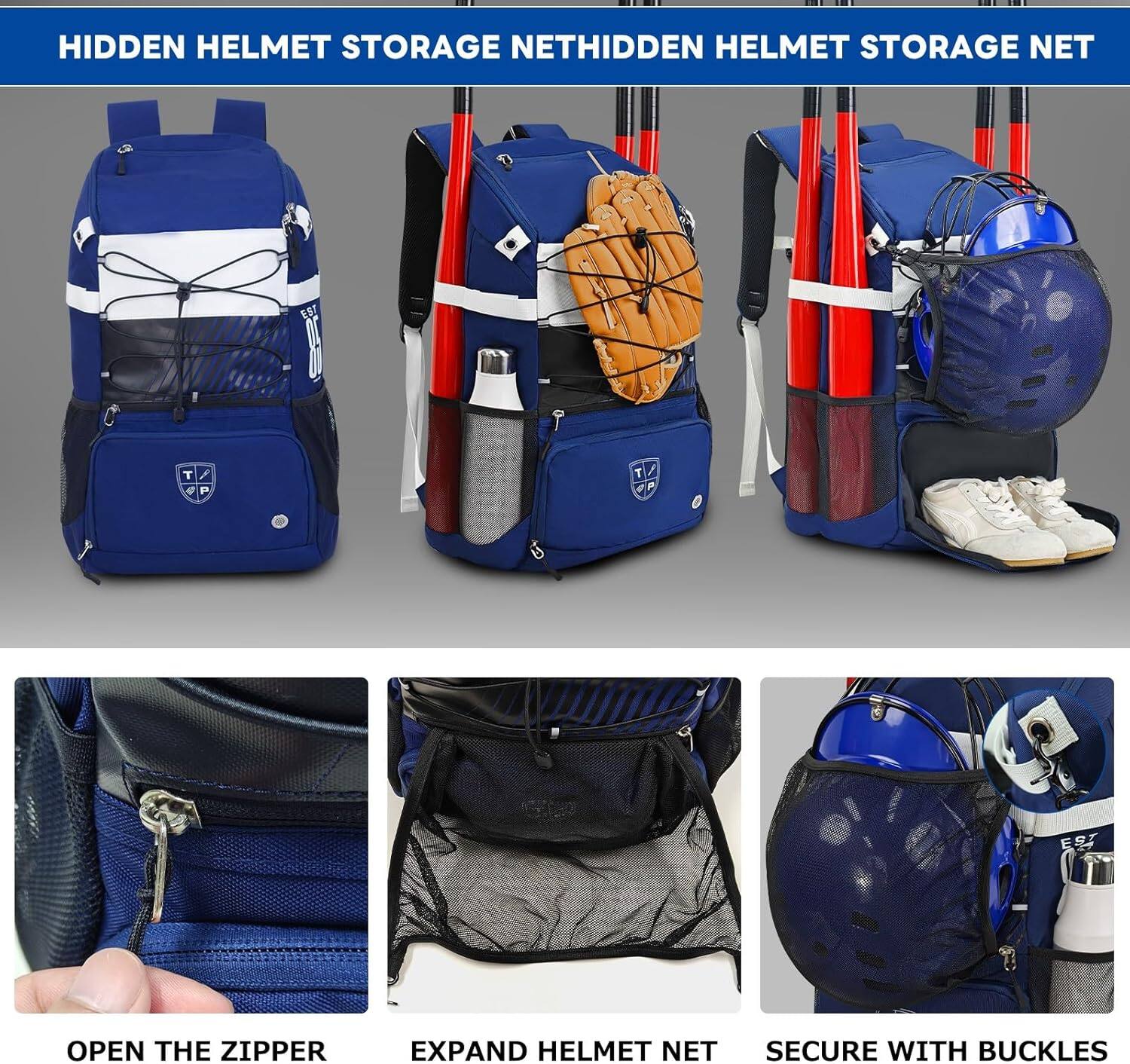 HIDDEN HELMET STORAGE NET

OPEN THE ZIPPER

EXPAND HELMET NET

SECURE WITH BUCKLES