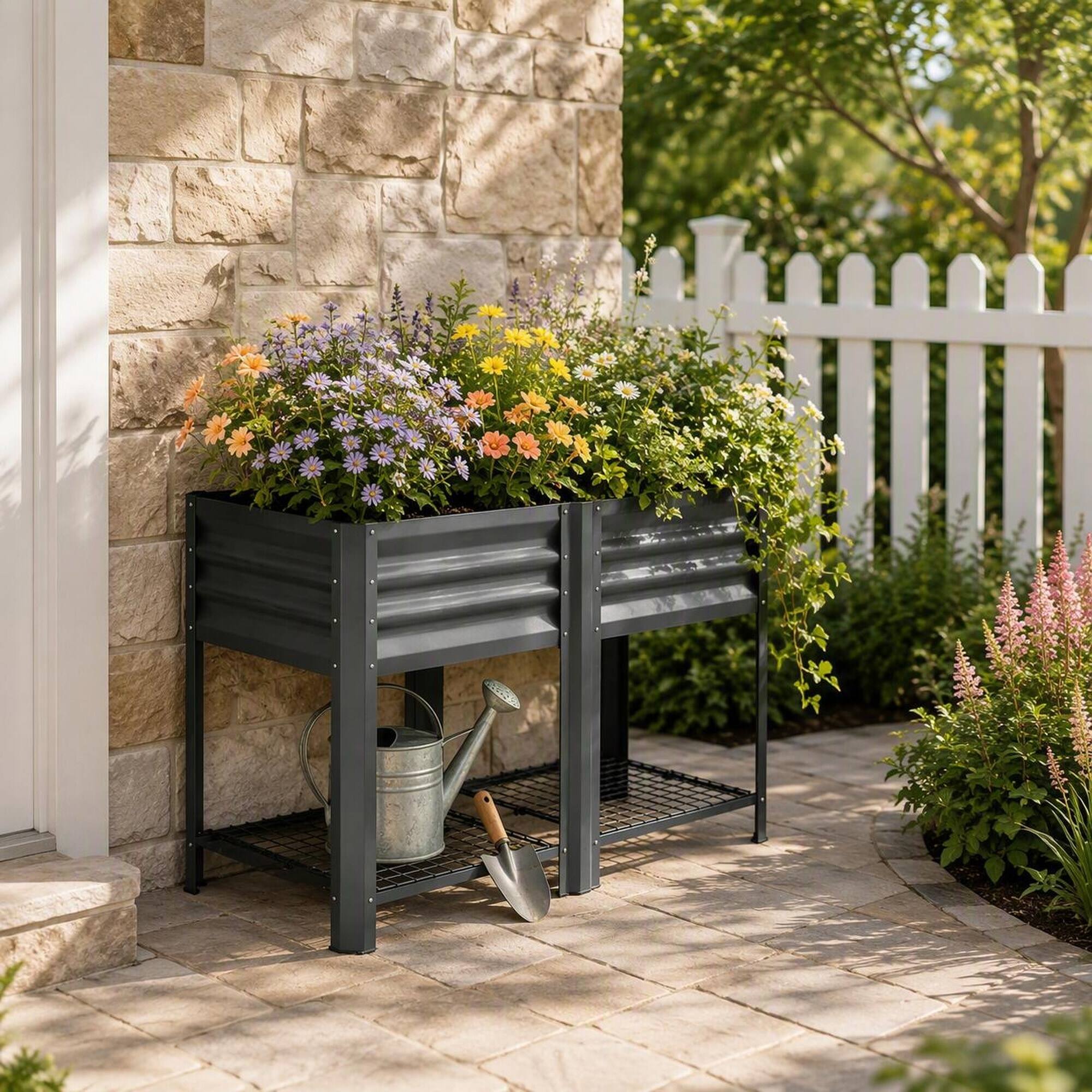 Back. RYHNUYNE - Elevated Outdoor Planter Box with Stand, 39.6 Gallon Galvanized Steel Raised Garden Bed, Dark Gray, 396 lbs - Dark Gray.