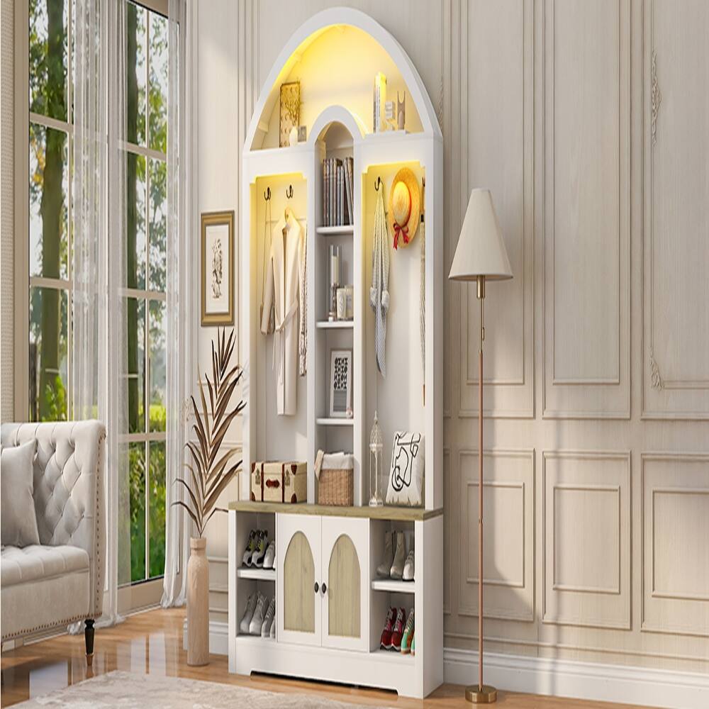 Alt View 1. Loheer - Loheer Curved Entrance Wardrobe Hall Tree With Shoe Bench Two-Tone 59-Inch - White and Walnut.
