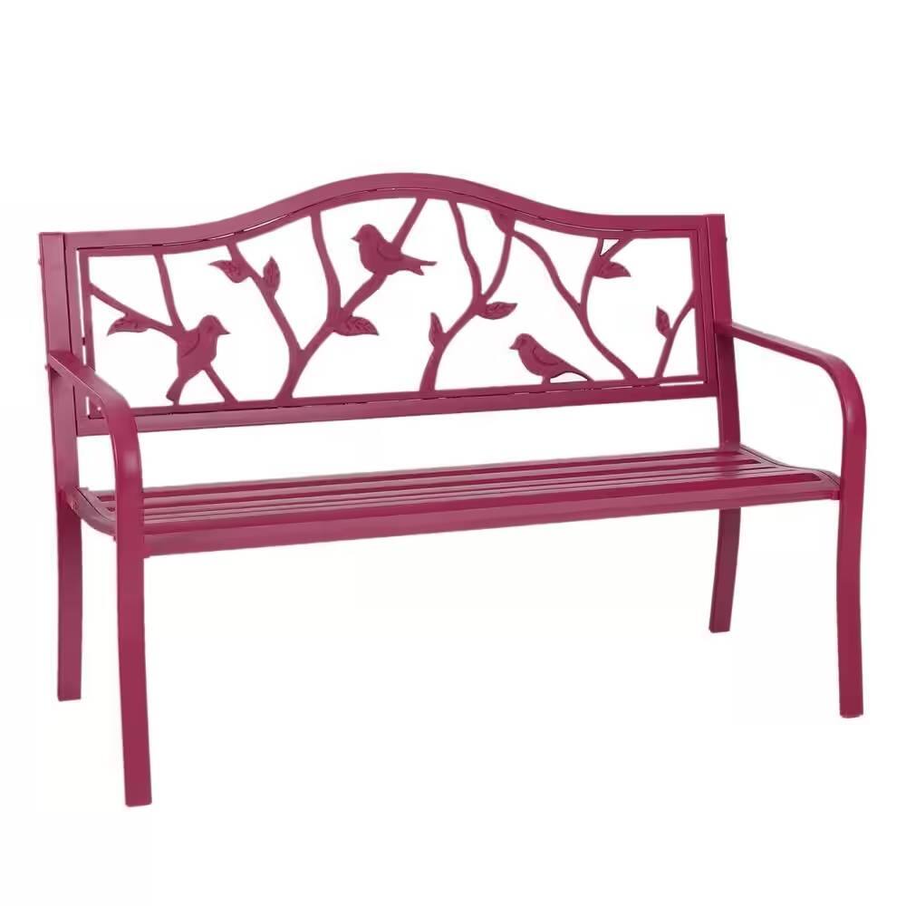Angle. Hivvago - Red Steel Frame Outdoor Patio Garden Bench with Bird Branch Pattern Backrest - Red.