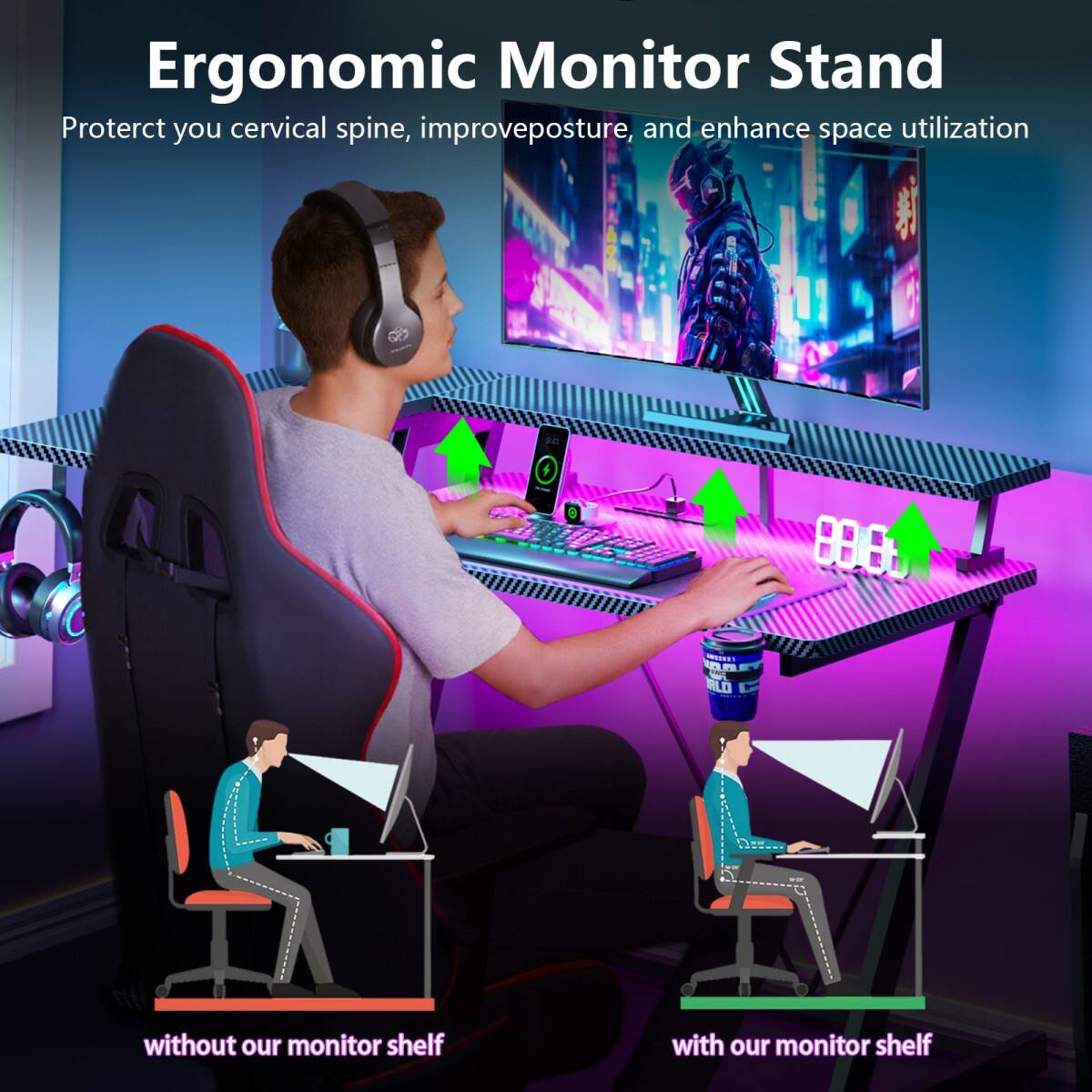 Ergonomic Monitor Stand  
Protect your cervical spine, improve posture, and enhance space utilization

without our monitor shelf  
with our monitor shelf
