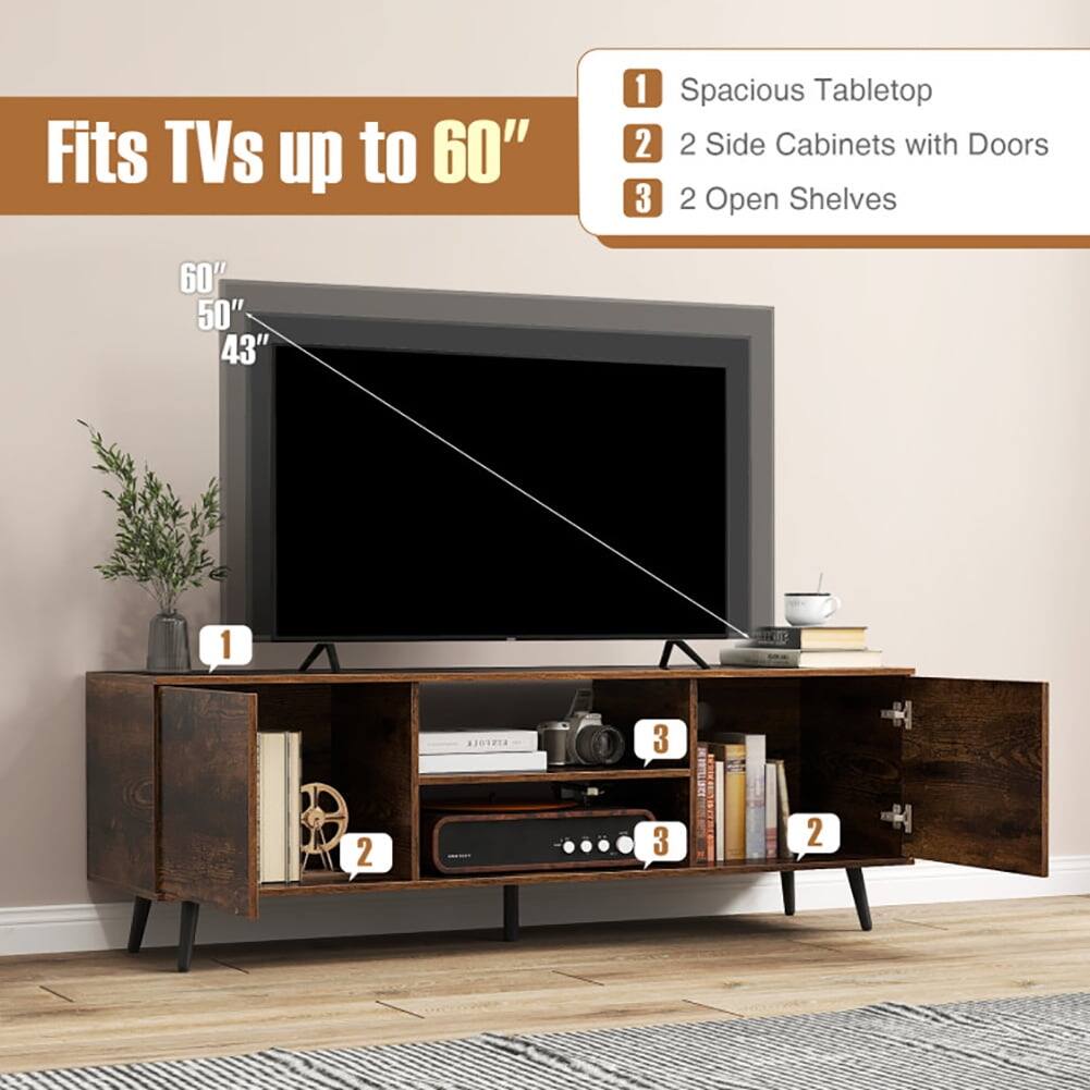 Fits TVs up to 60"  
1. Spacious Tabletop  
2. 2 Side Cabinets with Doors  
3. 2 Open Shelves  

60"  
50"  
43"