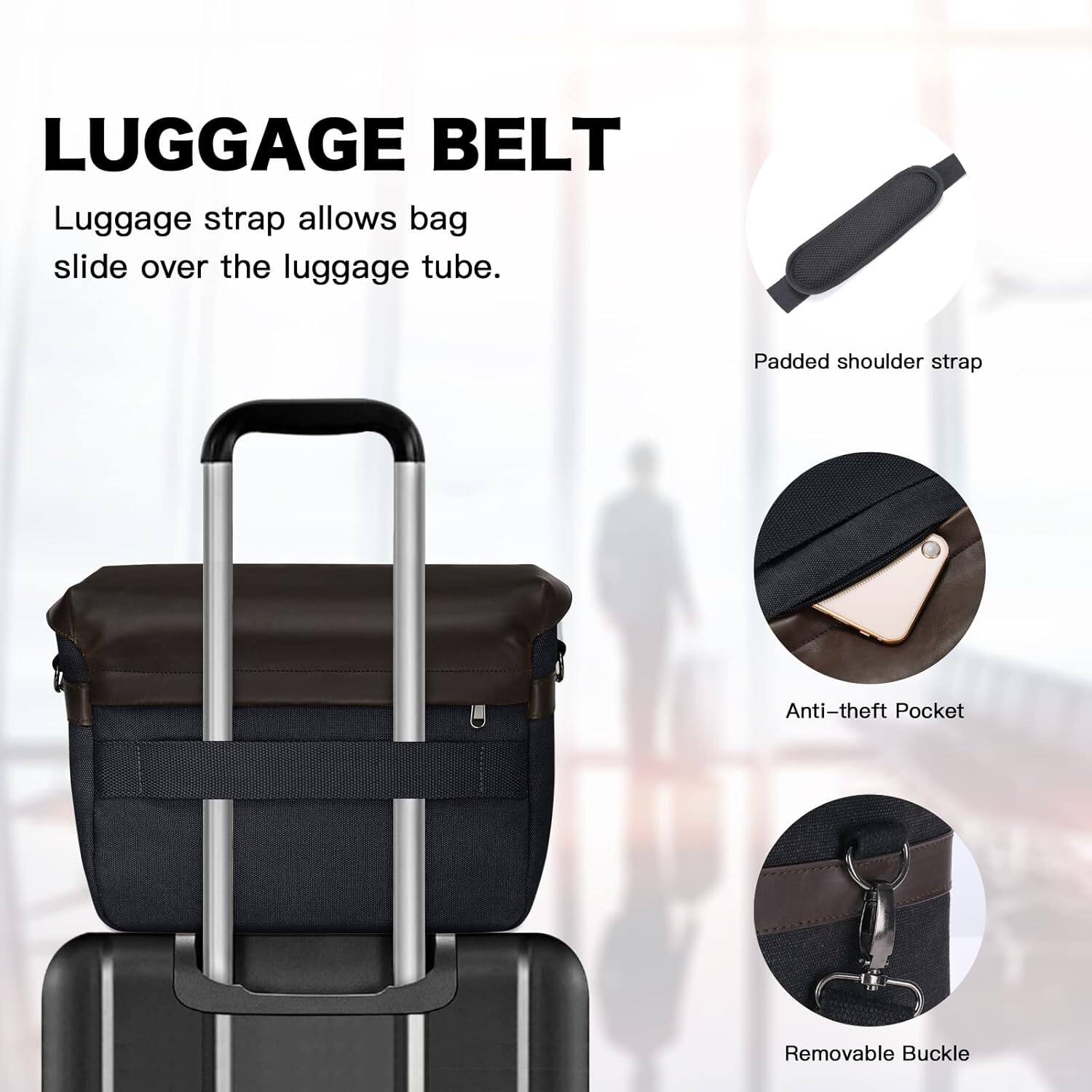 LUGGAGE BELT

Luggage strap allows bag slide over the luggage tube.

Padded shoulder strap

Anti-theft Pocket

Removable Buckle