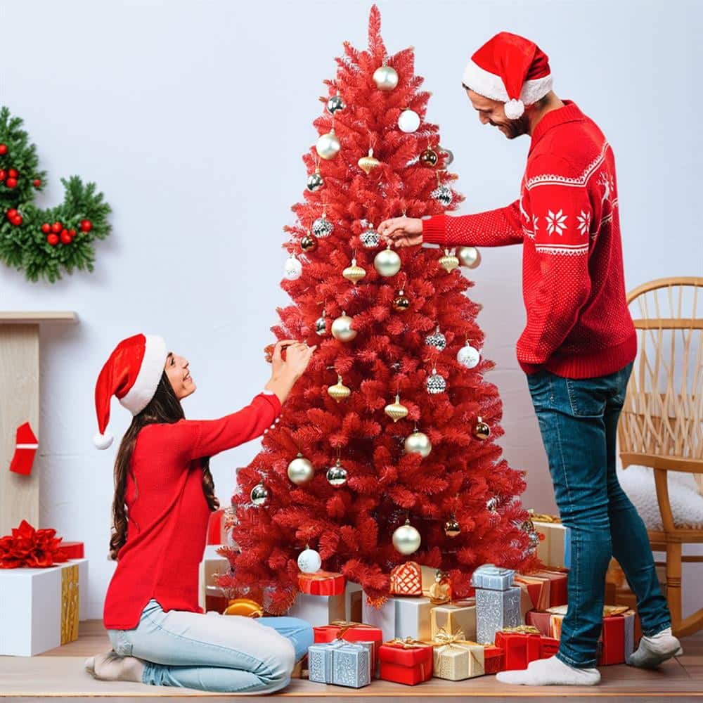 Pefilos - 5ft PVC Christmas Tree, Hinged Branches for Easy Setup, Stable Metal Base, 624 Tips, Bold Holiday Decor - Red