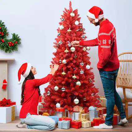 Front. Pefilos - 5ft PVC Christmas Tree, Hinged Branches for Easy Setup, Stable Metal Base, 624 Tips, Bold Holiday Decor - Red.