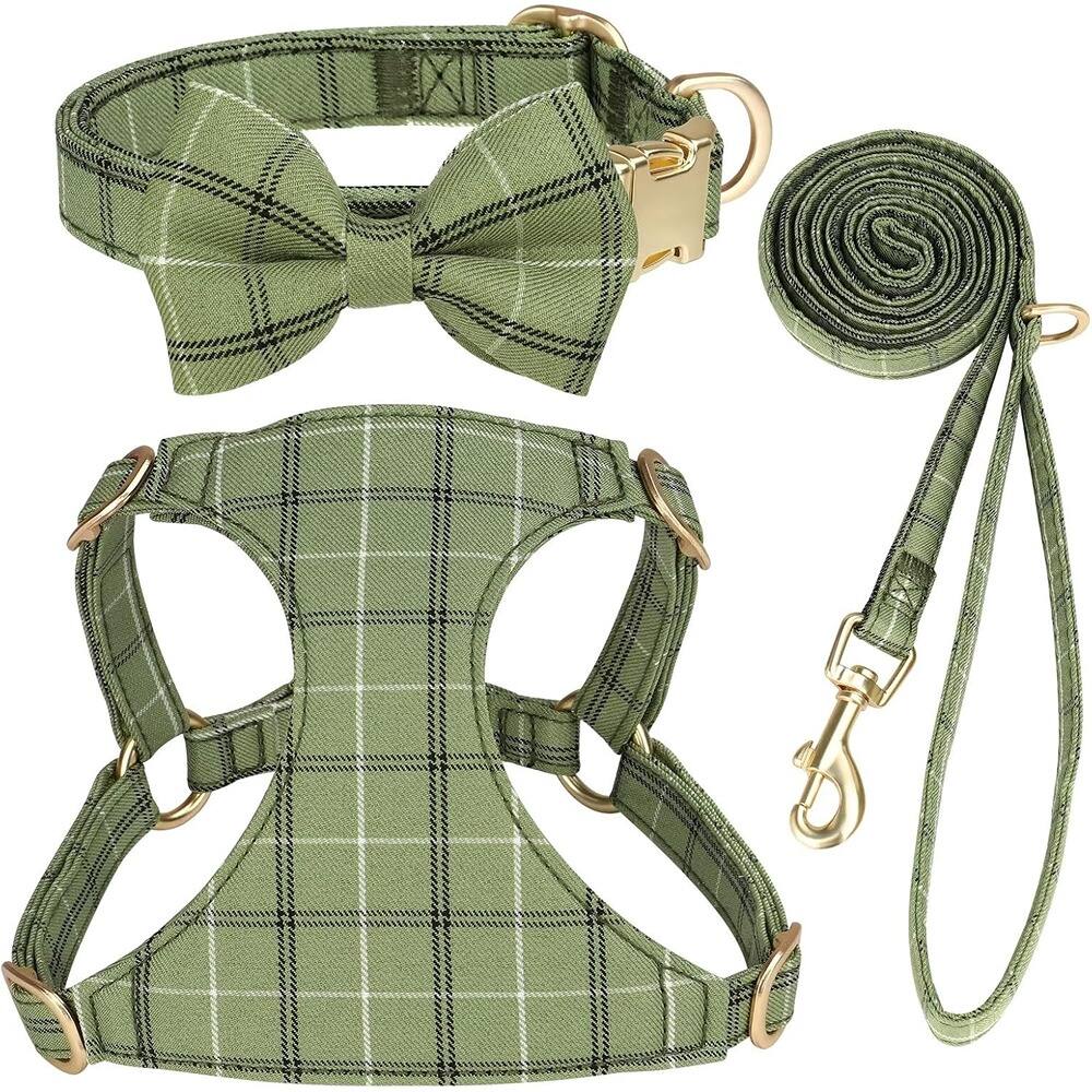 Front. MOSZAR LLC - Green XXS Dog Harness, Collar & Leash Set – Soft Adjustable Plaid Bowtie - Green.