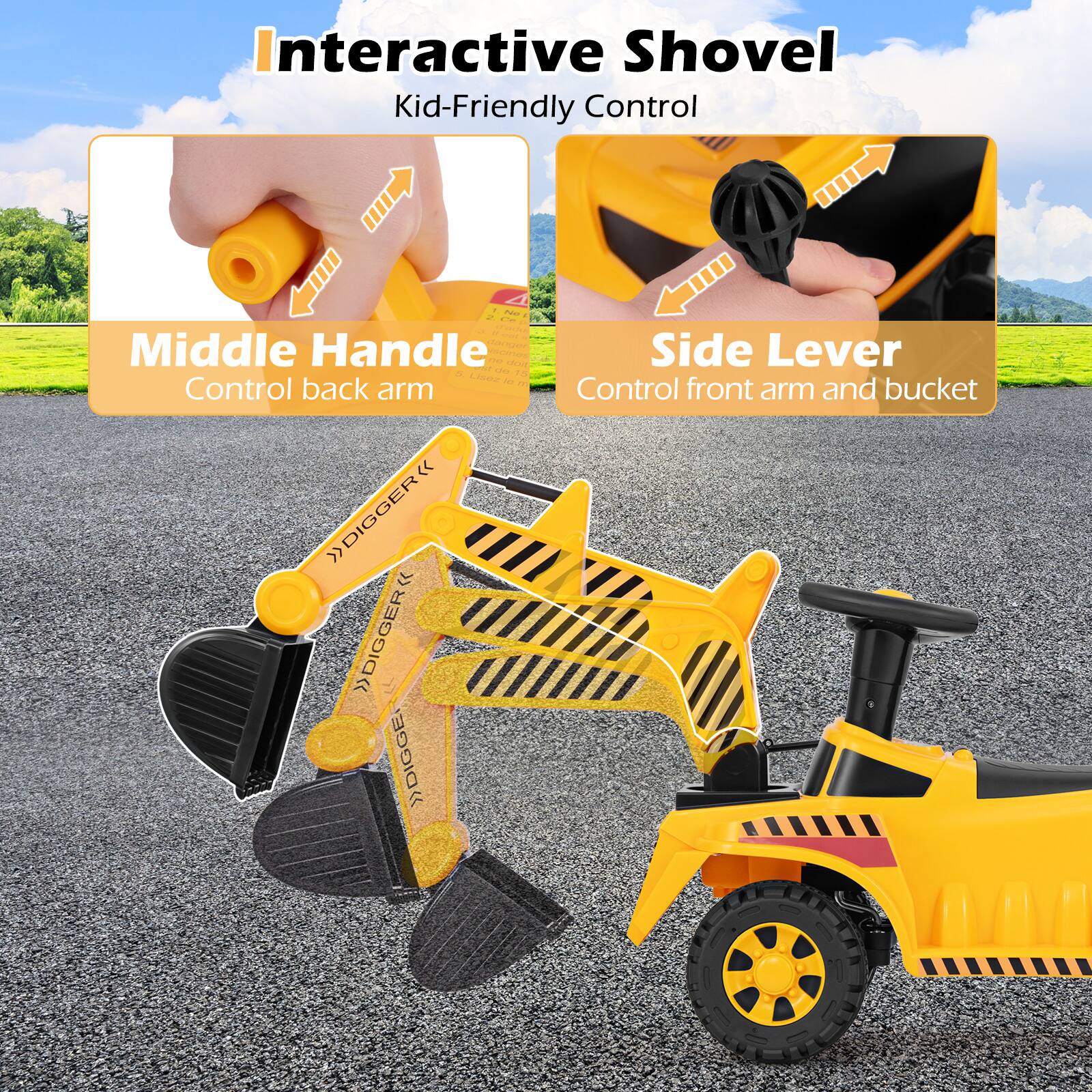 Interactive Shovel  
Kid-Friendly Control  

Middle Handle  
Control back arm  

Side Lever  
Control front arm and bucket