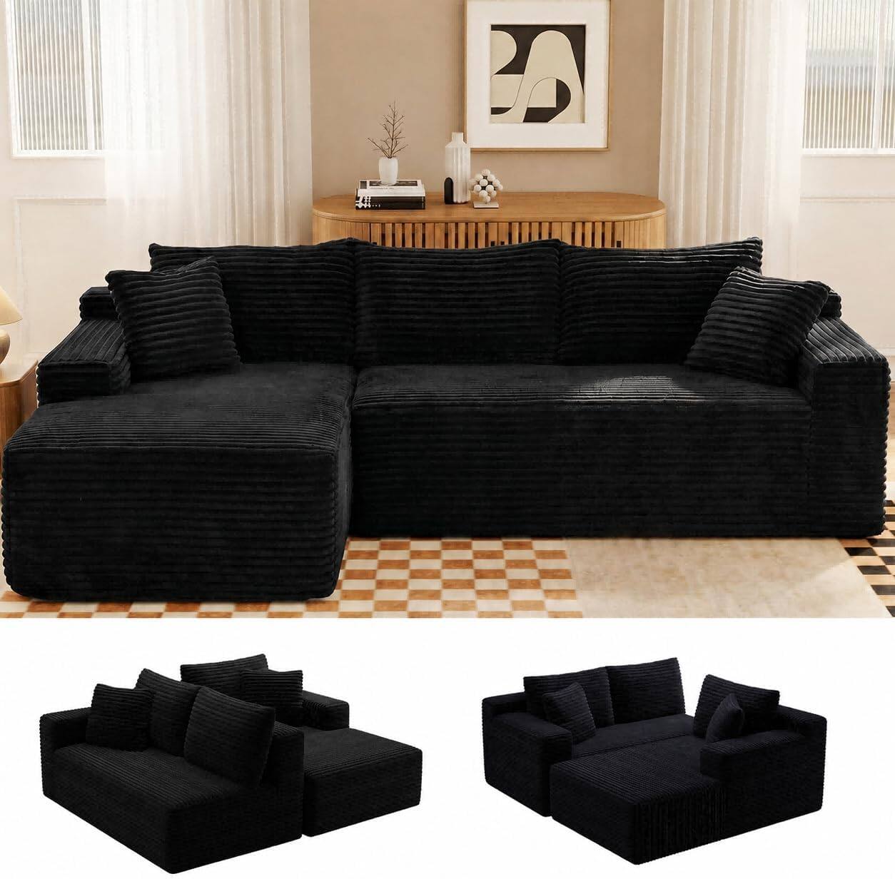 Anysun - 106.3" Modular Left Facing Cloud Combination Sofa – L-Shaped Living Room Sofa with Recliner, Modern Minimalist Design - Black