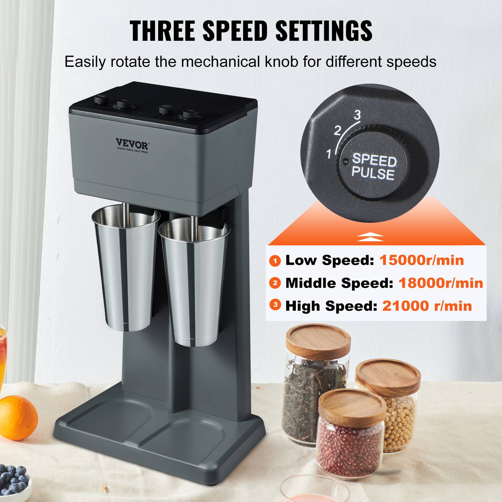THREE SPEED SETTINGS  
Easily rotate the mechanical knob for different speeds

VEVOR TOOLS - mo.

3 2 1 SPEED PULSE

1 Low Speed: 15000r/min  
2 Middle Speed: 18000r/min  
3 High Speed: 21000 r/min