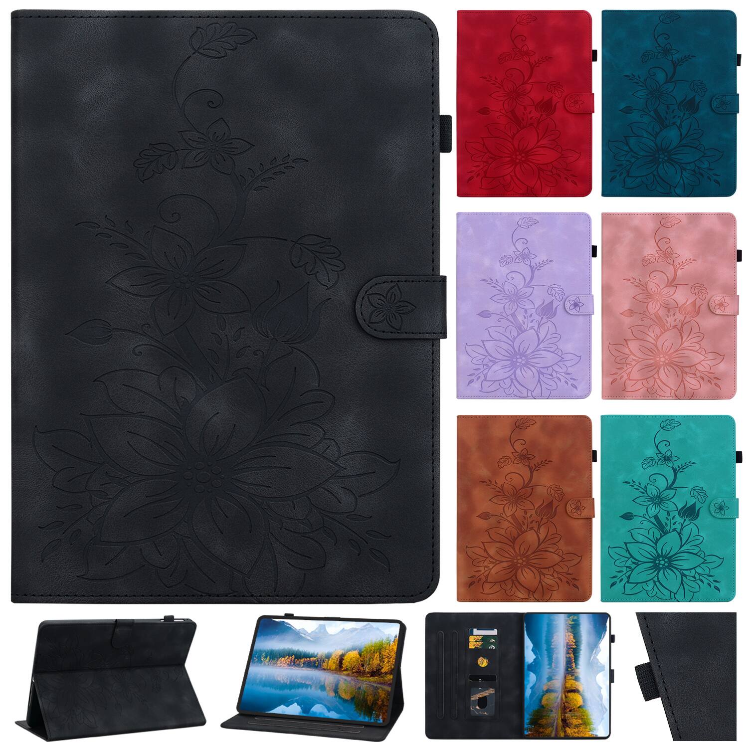 Left. Dteck - Case for Lenovo Tab M10 Plus (3rd Gen) 10.6-inch 2022 with Card Holder Kickstand,Embossed Pattern PU Leather Flip Cover - Black.