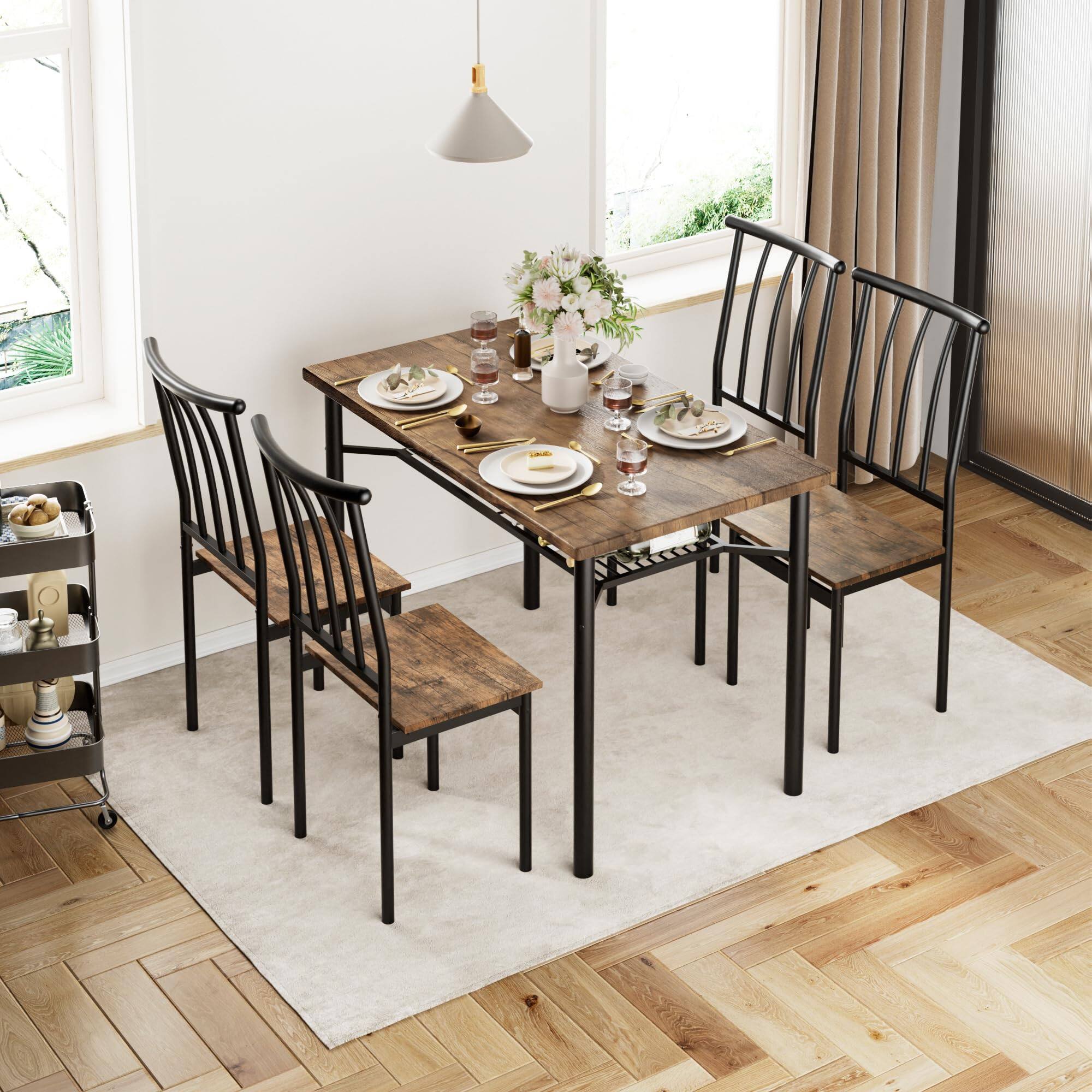 Front. Acekool - Dining Table Set for 4, Kitchen Table and Chairs for 4 with Wine Rack, Dining Room Table Set with 4 Chairs - Brown.
